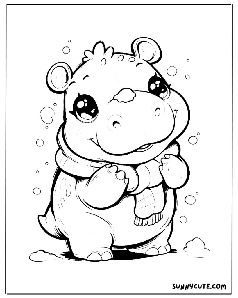 Hippo in snow day coloring page