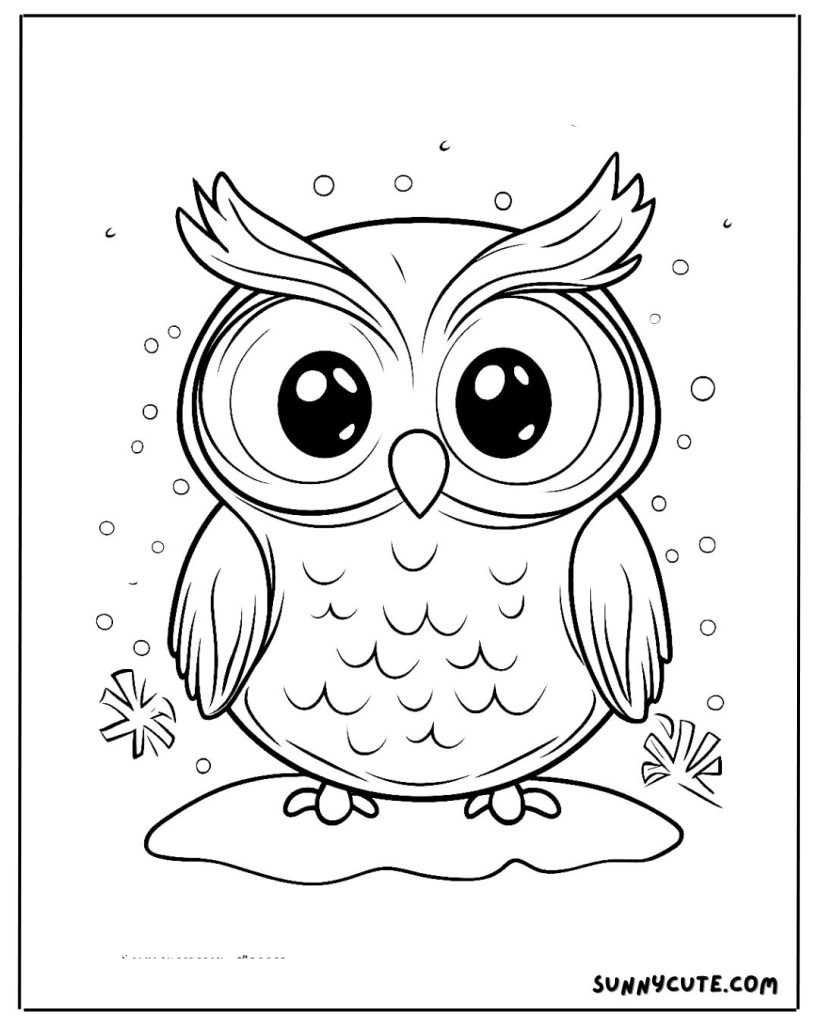 Owl in snow day coloring page