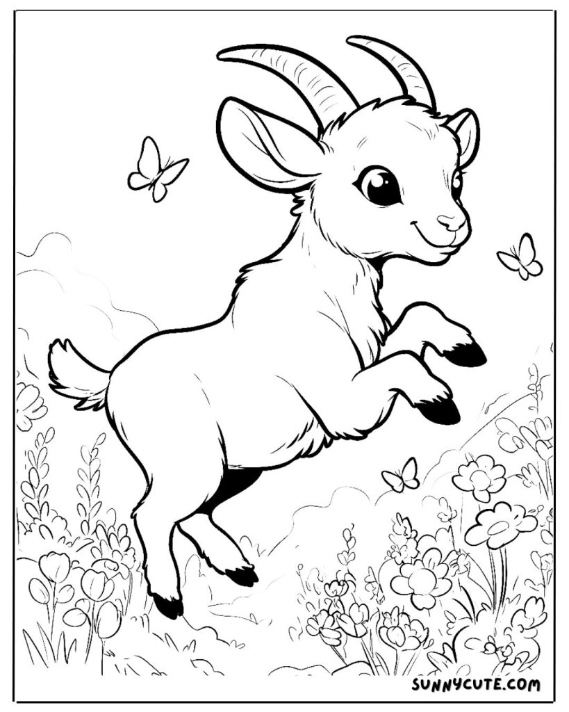 A playful goat jumping coloring page