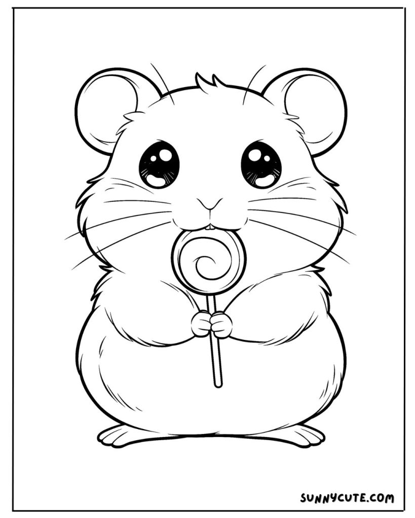 Hamster eating lollipop coloring page