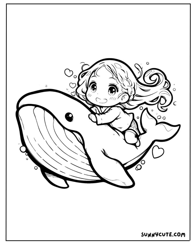 Whale with little girl coloring page