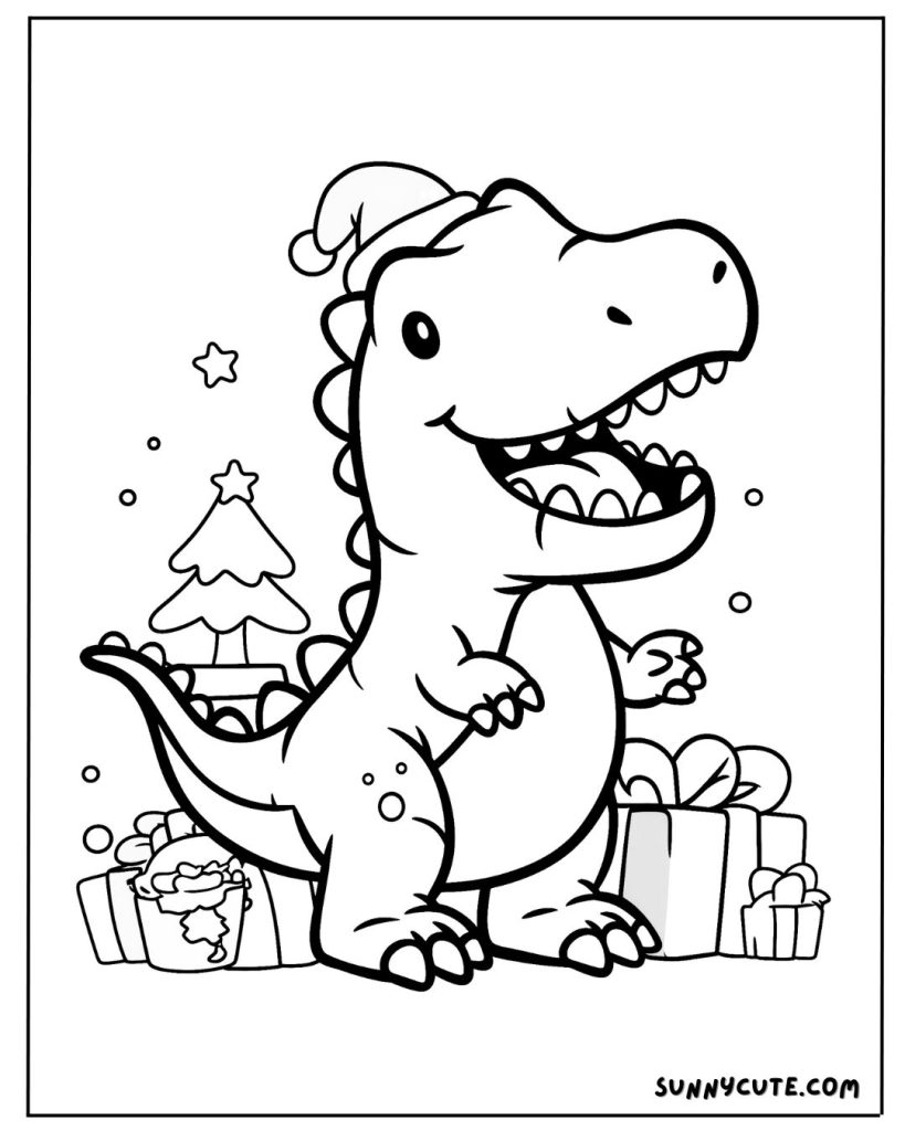 Christmas dinosaur coloring page