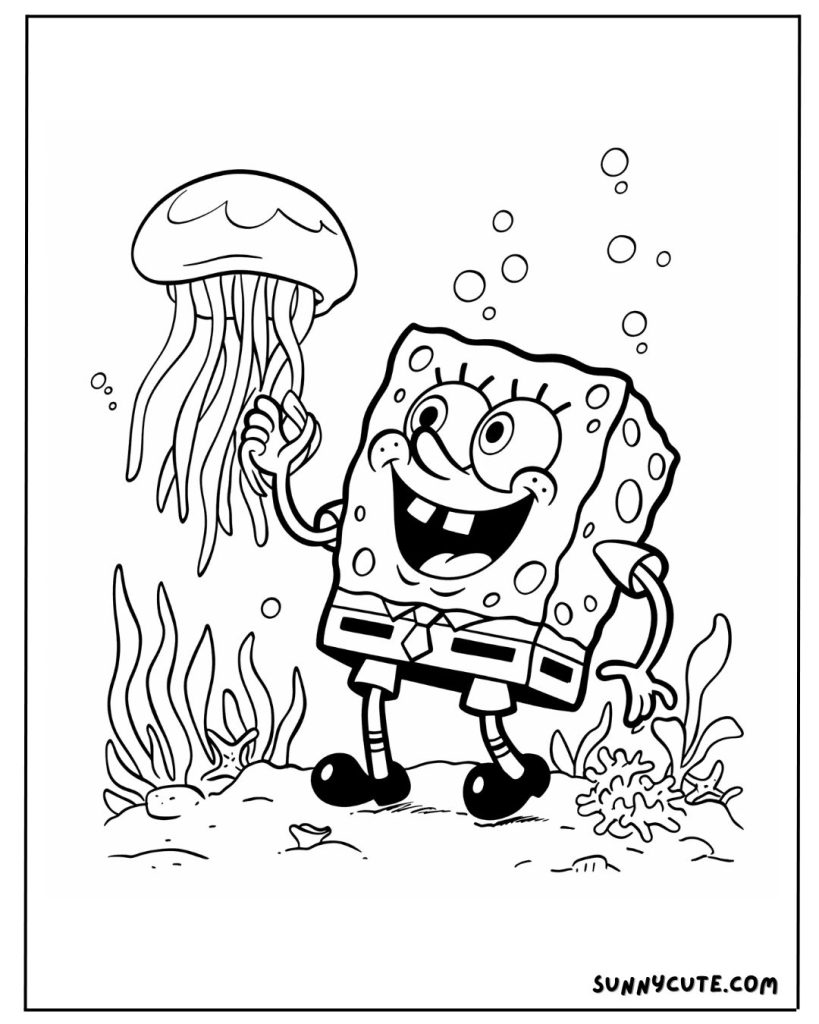 Spongebob with jellyfish coloring page
