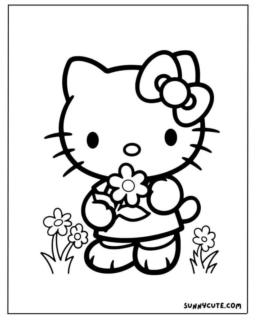 Hello kitty coloring page with flowers