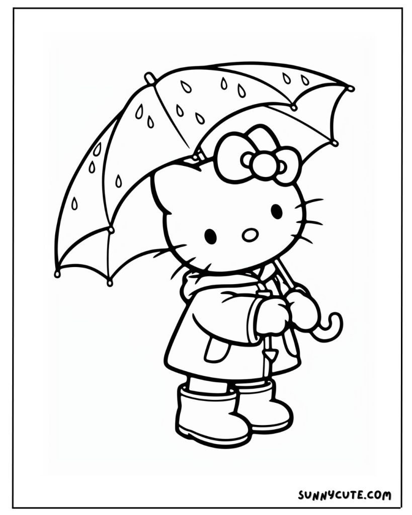 Hello Kitty on rainy day coloring page
