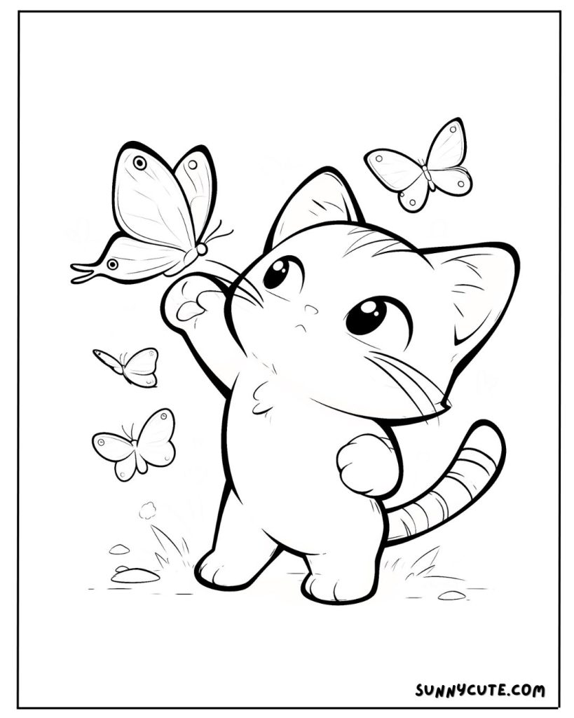 Kitten with butterflies coloring page