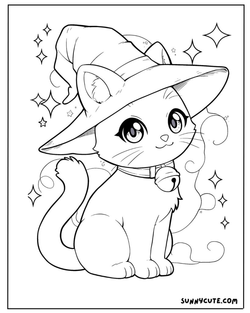 Kitten with witch's hat coloring page 