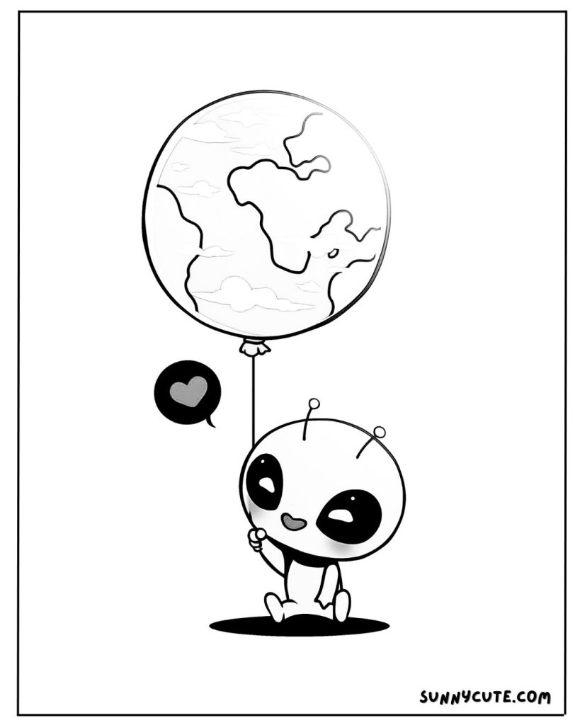 Alien holds a Earth like a balloon coloring page