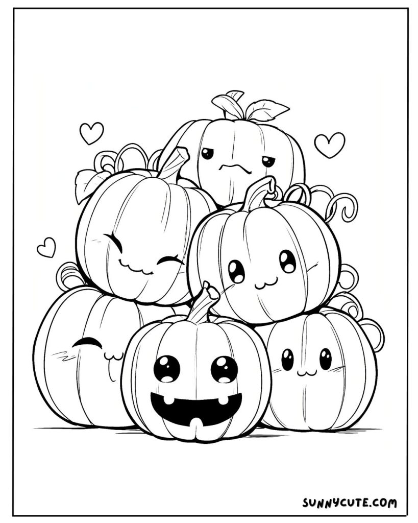 Group of cute pumpkins coloring page