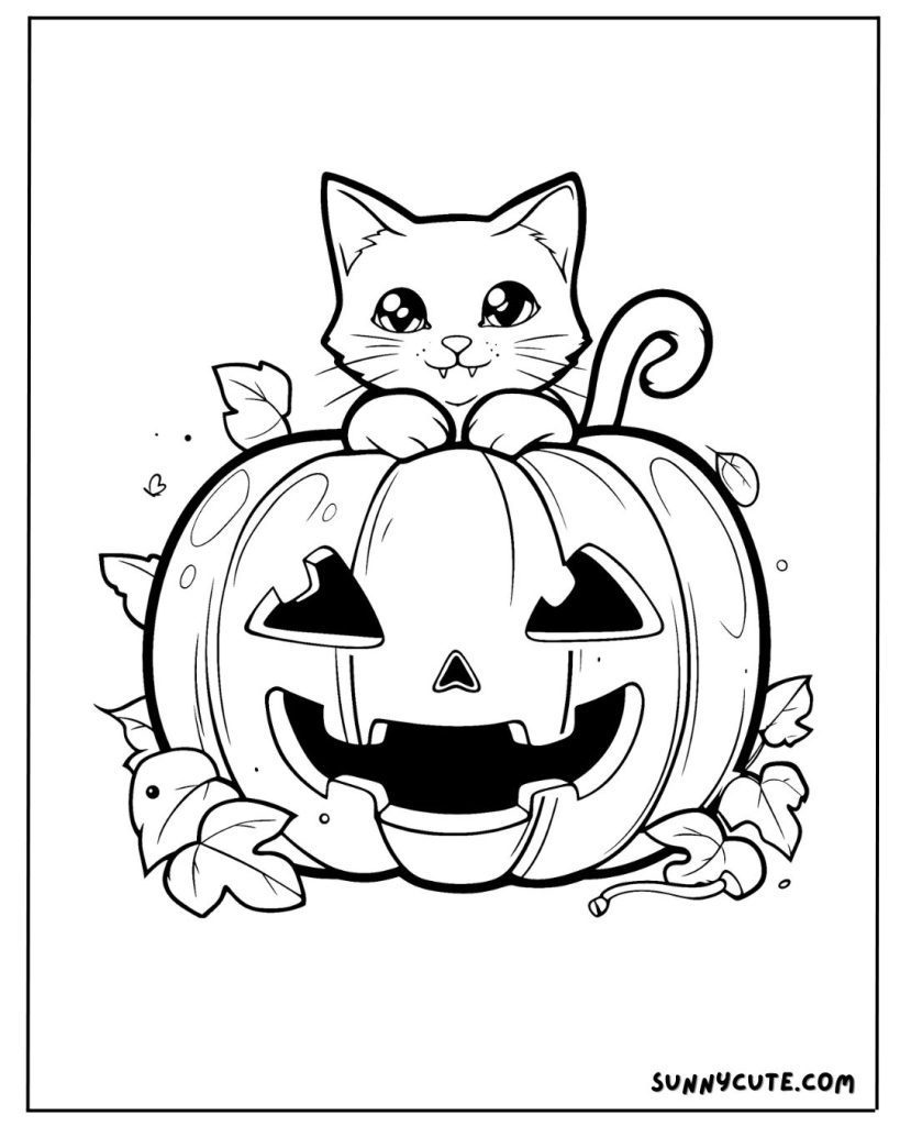 Cat in a pumpkin coloring page