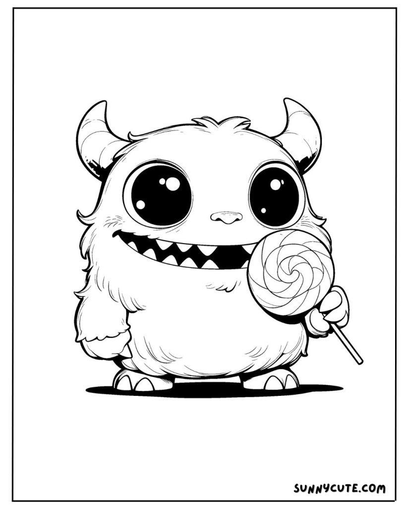 cute monster holding a lollipop coloring page